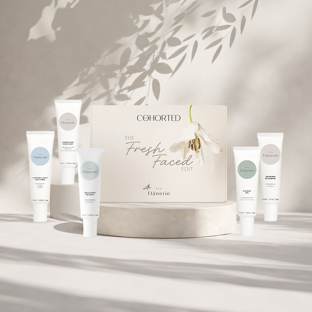 Complete Flânerie Skincare routine including Vivifying Serum, Retexturising Mask, Night Cream, Exfoliator and Cleanser