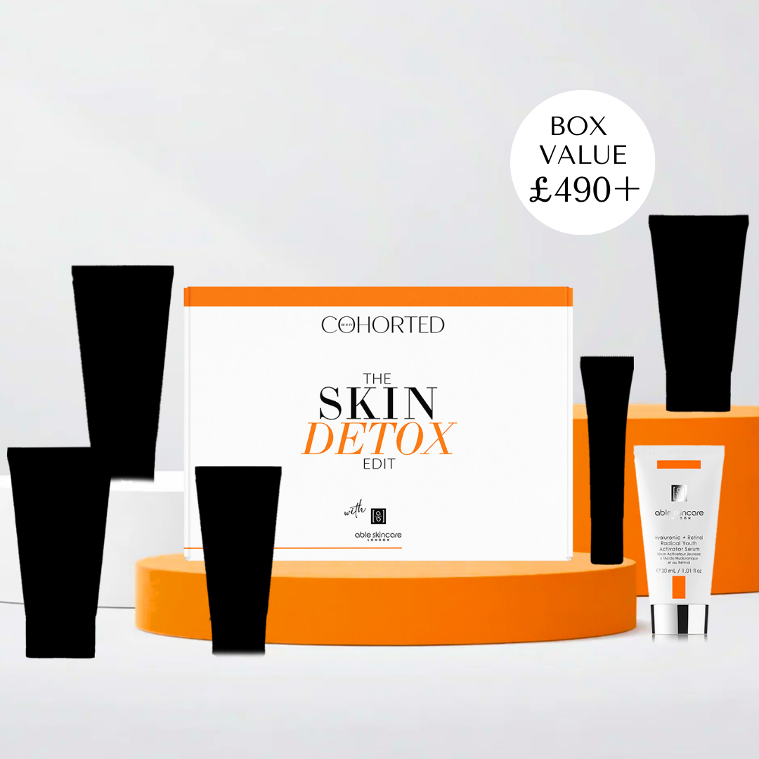 Cohorted subscription beauty box featuring skincare and makeup products in a sleek, branded box for curated beauty surprises.