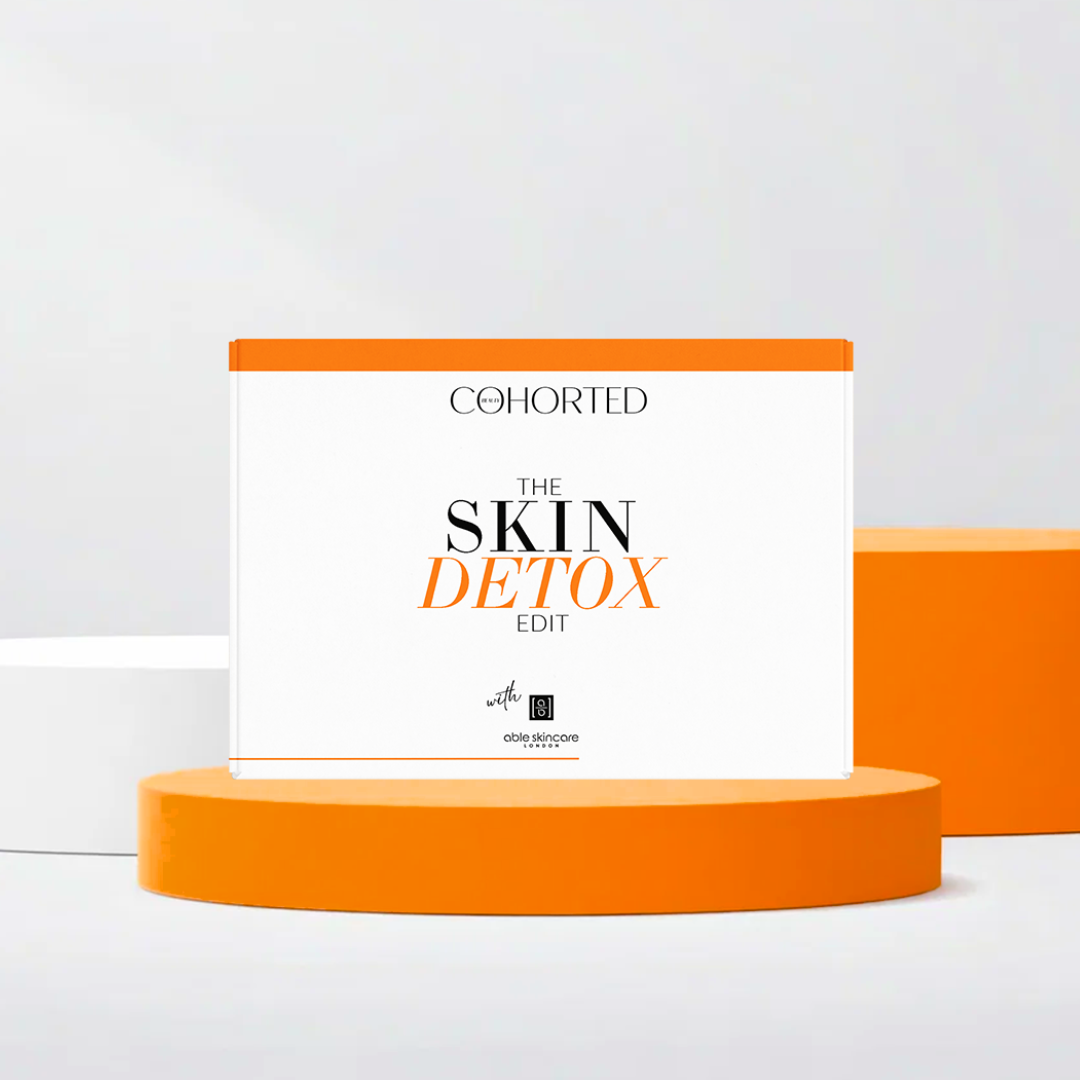 Cohorted, Subscription, Beauty Box, Able Skincare Skin Detox Beauty Box featuring luxury skincare products including moisturiser, hyaluronic serum, retinol serum, eye serum, primer and exfoliator. 