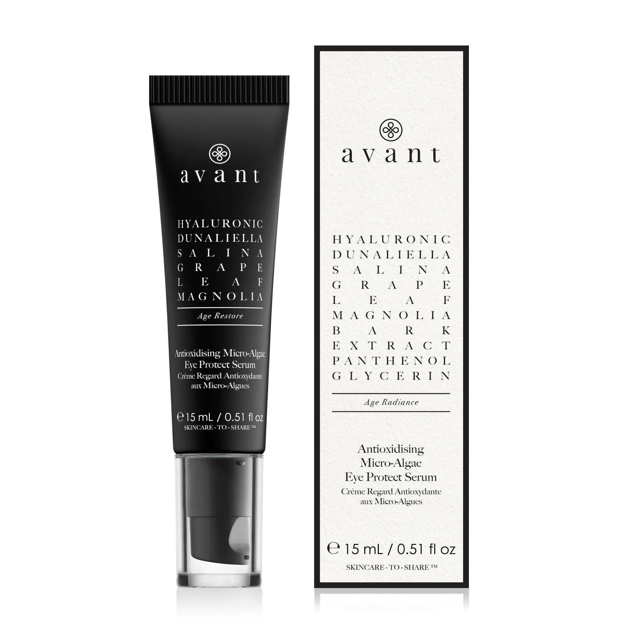 Avant eye protector serum with packaging on a white background. Antioxidising Micro-Algae Eye Protect Serum