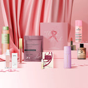 Cohorted Think Pink Beauty Box 3rd Edition gift set with assorted skincare and makeup products in a decorative box.