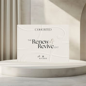 Product packaging with 'Cohorted' branding on a neutral background. Skincare product set with 'Avant' and 'Cohorted' branding on a neutral background. Avant Skincare, Cohorted, beauty box, UK, gift, for her, Renew and Revive, luxury skincare. 