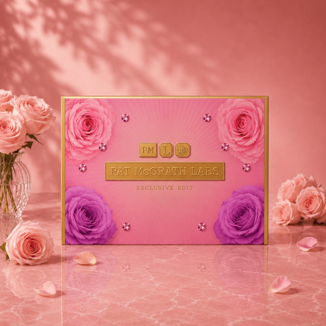 A pink and gold Pat McGrath Labs Exclusive Edit box decorated with pink and purple roses, set on a pink marble surface with pink roses in a vase.