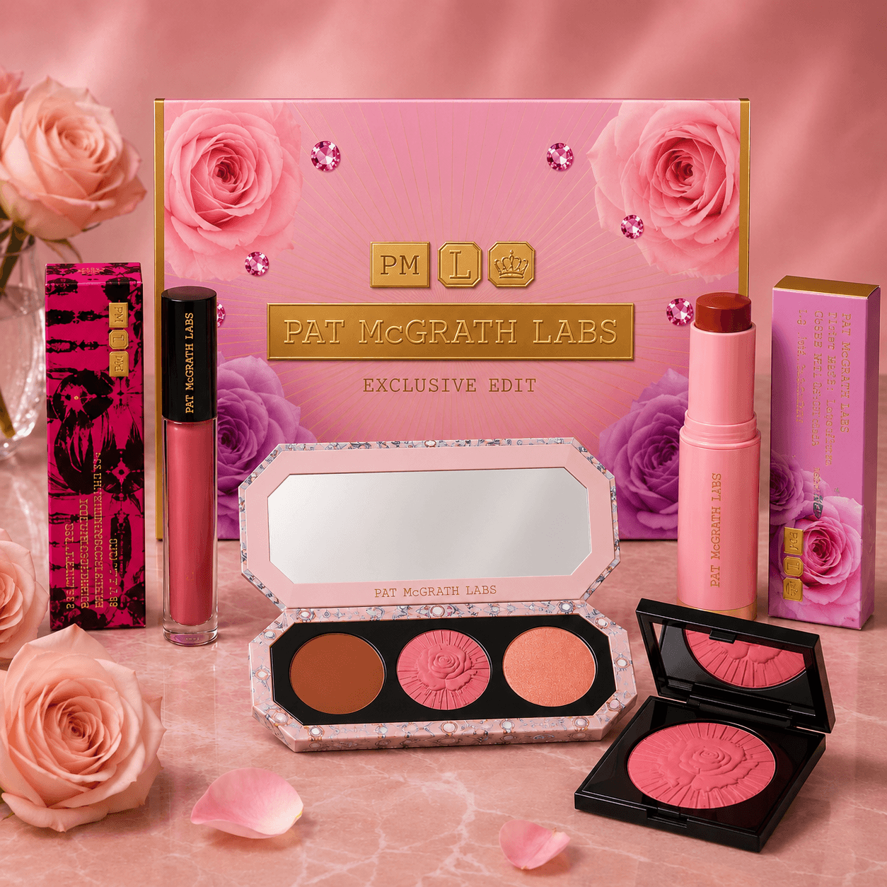 PAT McGrath Labs makeup gift set featuring a pink rose-themed box, a three-pan blush compact, a pressed pink cheek product in a black compact, a lip gloss tube, and a pink cosmetic stick, arranged on a pink marble surface with roses and petals.