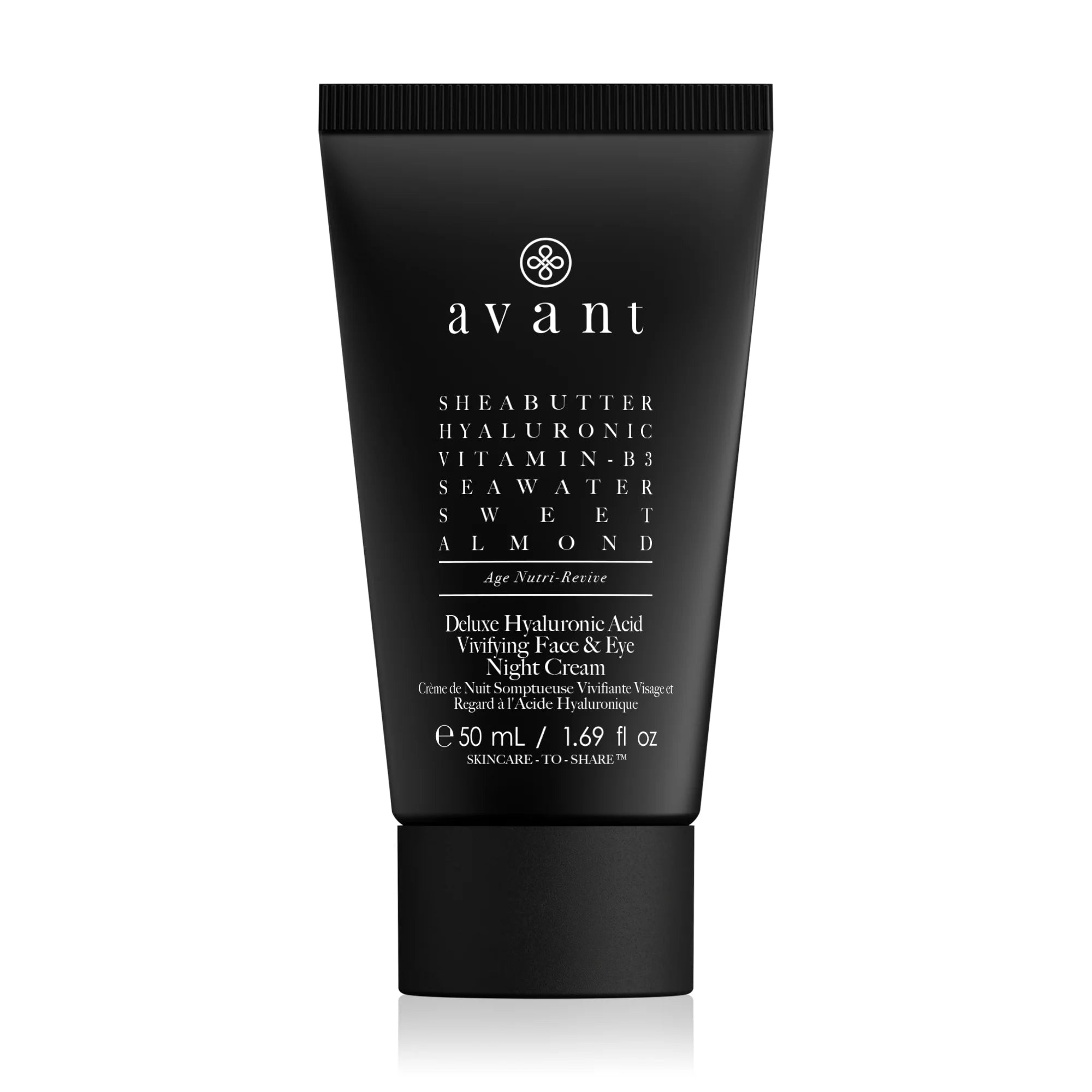Black tube of Avant skincare cream on a white background. Deluxe Hyaluronic Acid Vivifying Face & Eye Night Cream