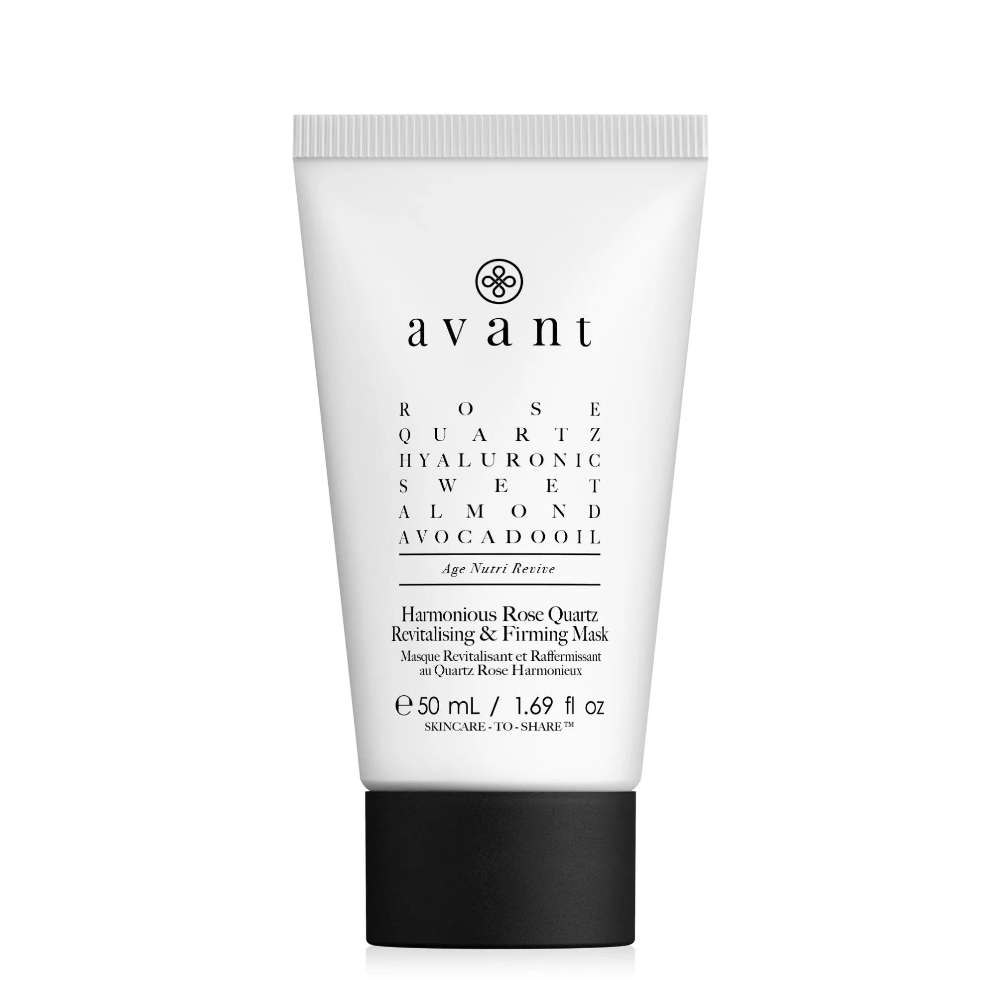 Skincare mask tube labeled 'avant' on a white background. Harmonious Rose Quartz Revitalising & Firming Mask
