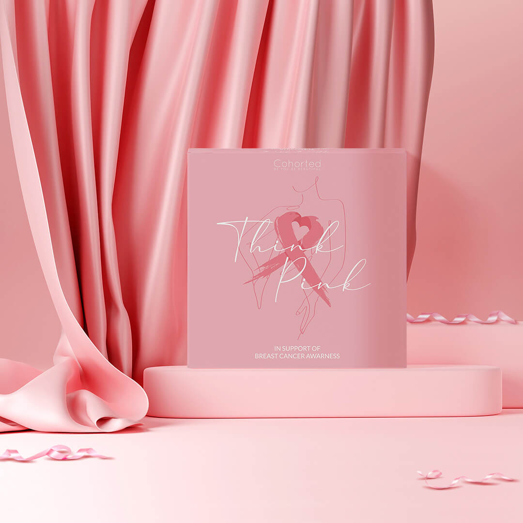 Cohorted Think Pink Beauty Box 3rd Edition gift set with skincare and makeup products in a pink box, perfect for beauty enthusiasts
