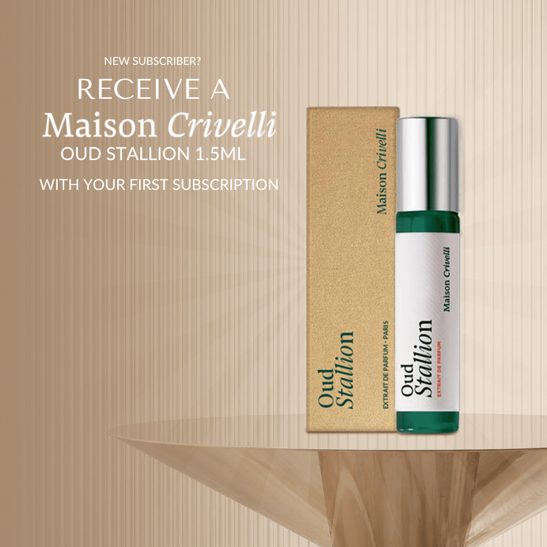 Maison Crivelli Oud Stallion perfume sample from the Cohorted Subscription Beauty Box, featuring a 1.5ml bottle with a free gift.