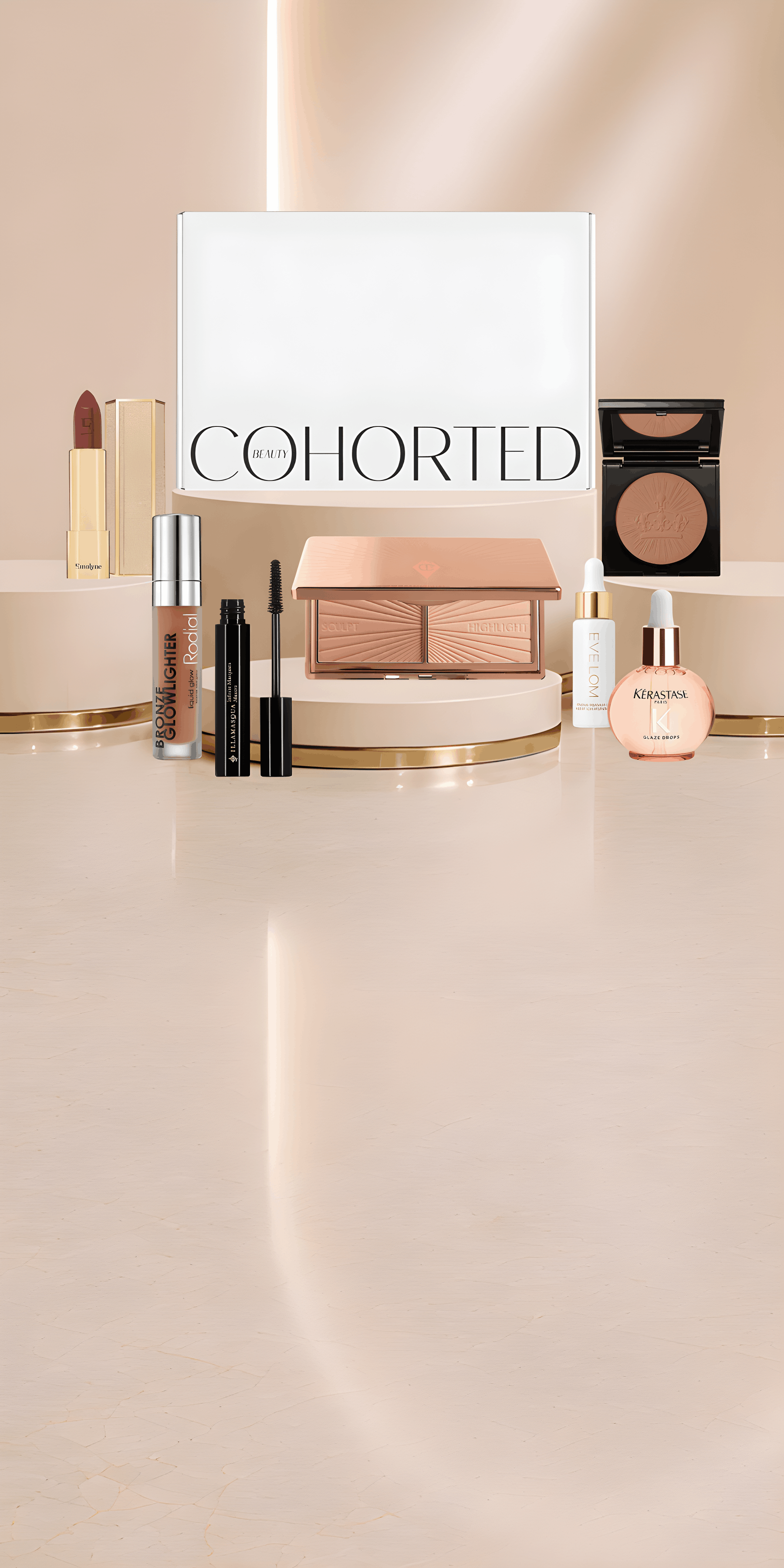 Cohorted subscription beauty box, luxury makeup, skincare, haircare, accessories, rodial, emoylne, pat mcgrath, kerastase, eve lom, charlotte tilbury, illasmasqua, Christmas, gifts, for her, festive. 