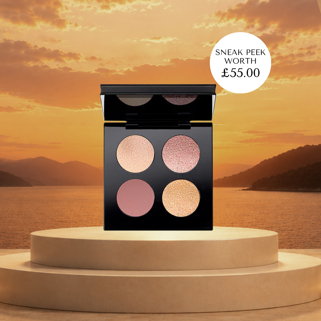 Makeup palette with sunset and lake background. Makeup display with 'The Golden Lip' collection by Pat McGrath Labs against a sunset backdrop. Cohorted subscription beauty box featuring skincare and makeup products in a sleek, branded box for curated beauty surprises. Pat McGrath Labs. Celestial Odyssey Luxe Quad New York Edition - Bronze Borealis