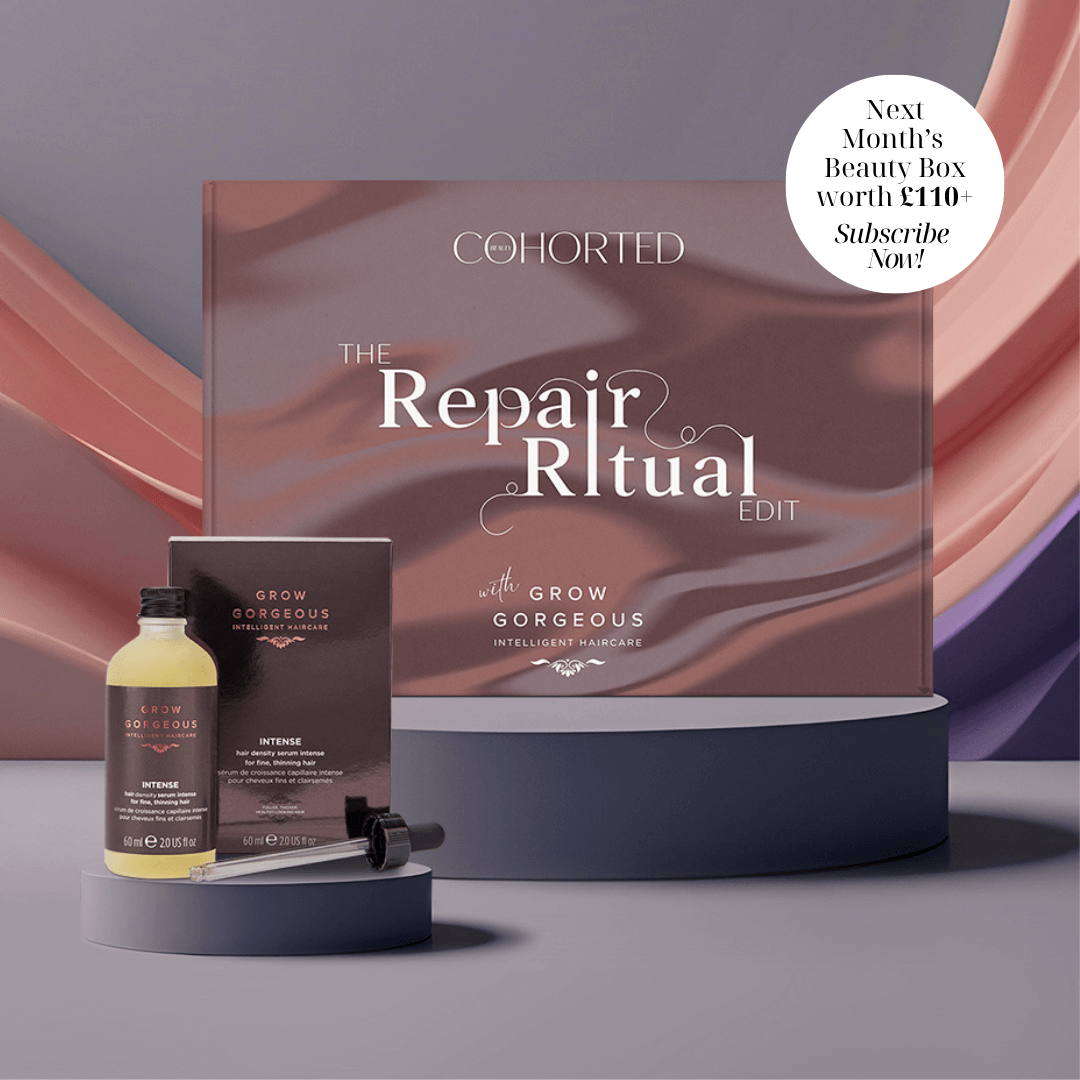 Cohorted, Beauty Box, Exclusive, Luxury, UK, haircare, Gift, Subscription, growth, repair, Grow Gorgeous, hair growth, repair, nourish, UK, gift, sneak peek, intense hair density serum