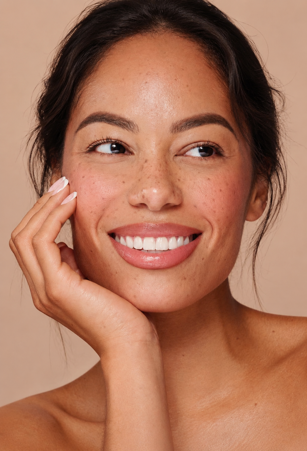 Woman with a radiant smile against a beige background